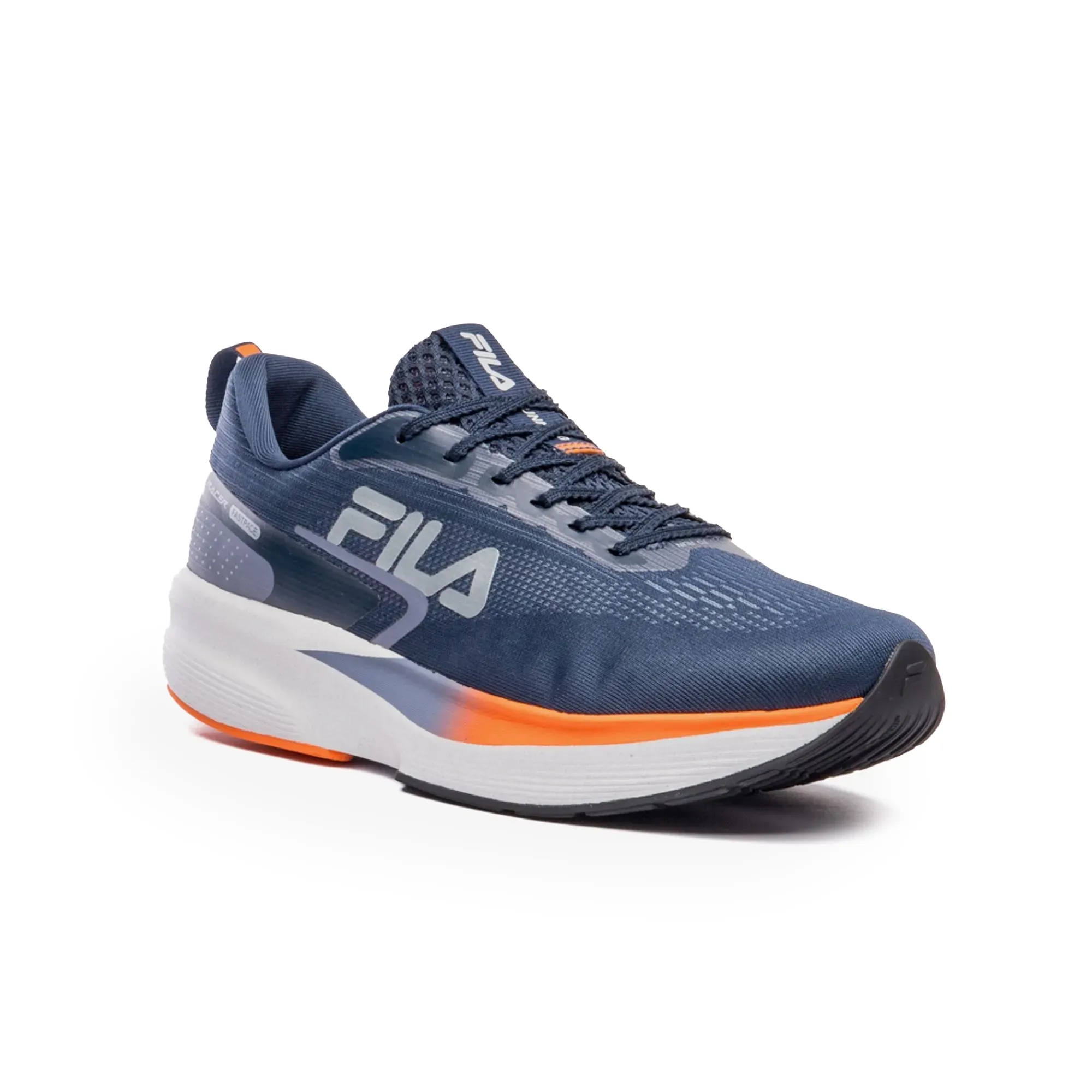 Tênis de corrida masculino FILA Racer Fastpace azul marinho em ângulo lateral para ajuste e conforto
